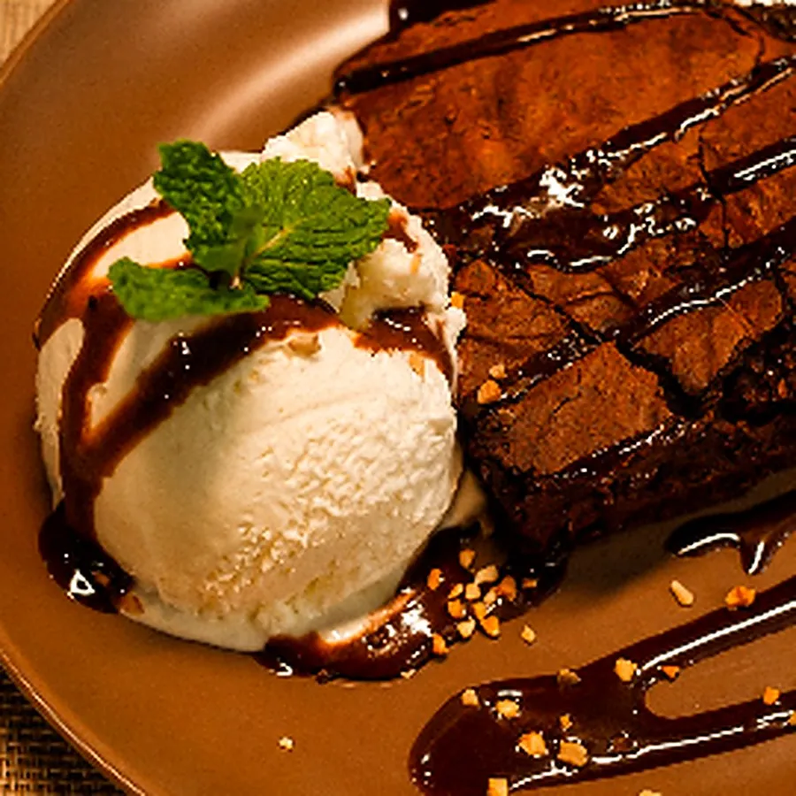 Brownie com sorvete e calda de chocolate
